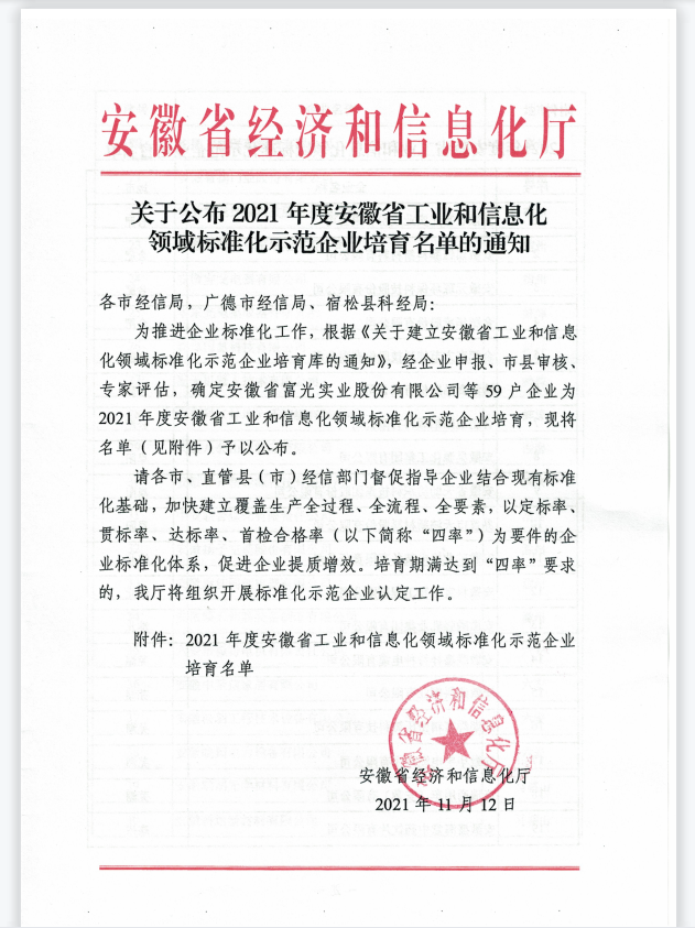 2021年度安徽省工業(yè)和信息化領(lǐng)域標(biāo)準(zhǔn)化示范企業(yè)培育名單